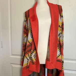 Chelsea& Theodore Orange/Yellow/Brown Aztec Open Front Waterfall Cardigan - M